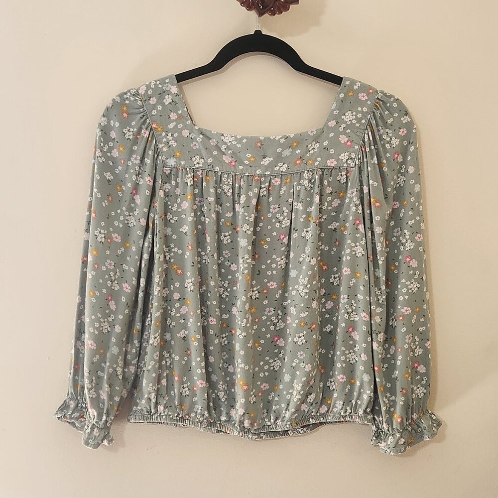 Arizona Girls M 10/12 Long Sleeve Sage Green Floral Boho Peasant Top